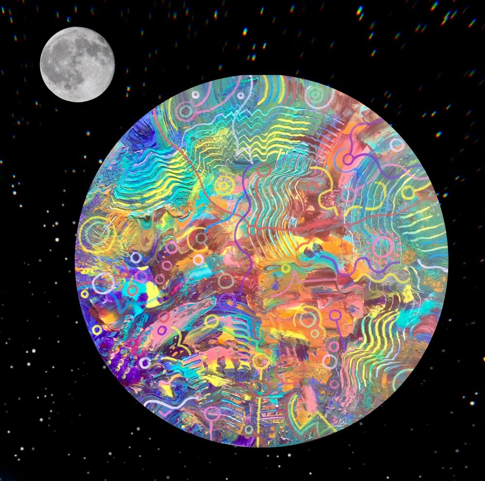 an abstract acrylic painting on a circular canvas edited into a field of stars with a photo of the moon edited into the starfield as well, making it appear as if the moon is orbiting the painting. the painting itself is very textured and uses lots of wavy lines and forms in red, orange, purple, blue, and yellow.