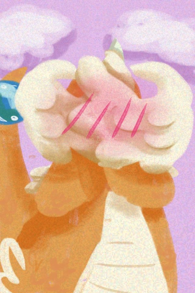 Blushing Mega Dragonite (orange dragon pokemon) hiding face behind hands and wings.
