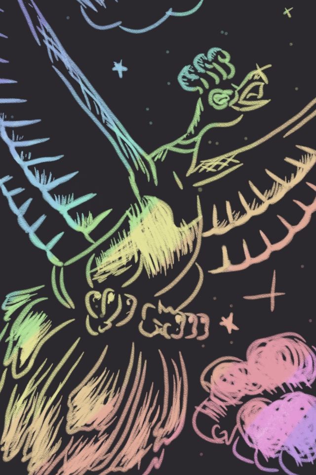 Negative style lineart of ho oh, a bird pokemon.