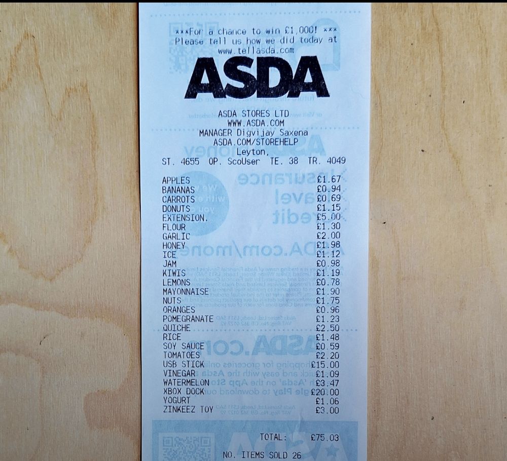A receipt from the supermarket Asda. There are 26 items each starting with different letter of the alphabet. 