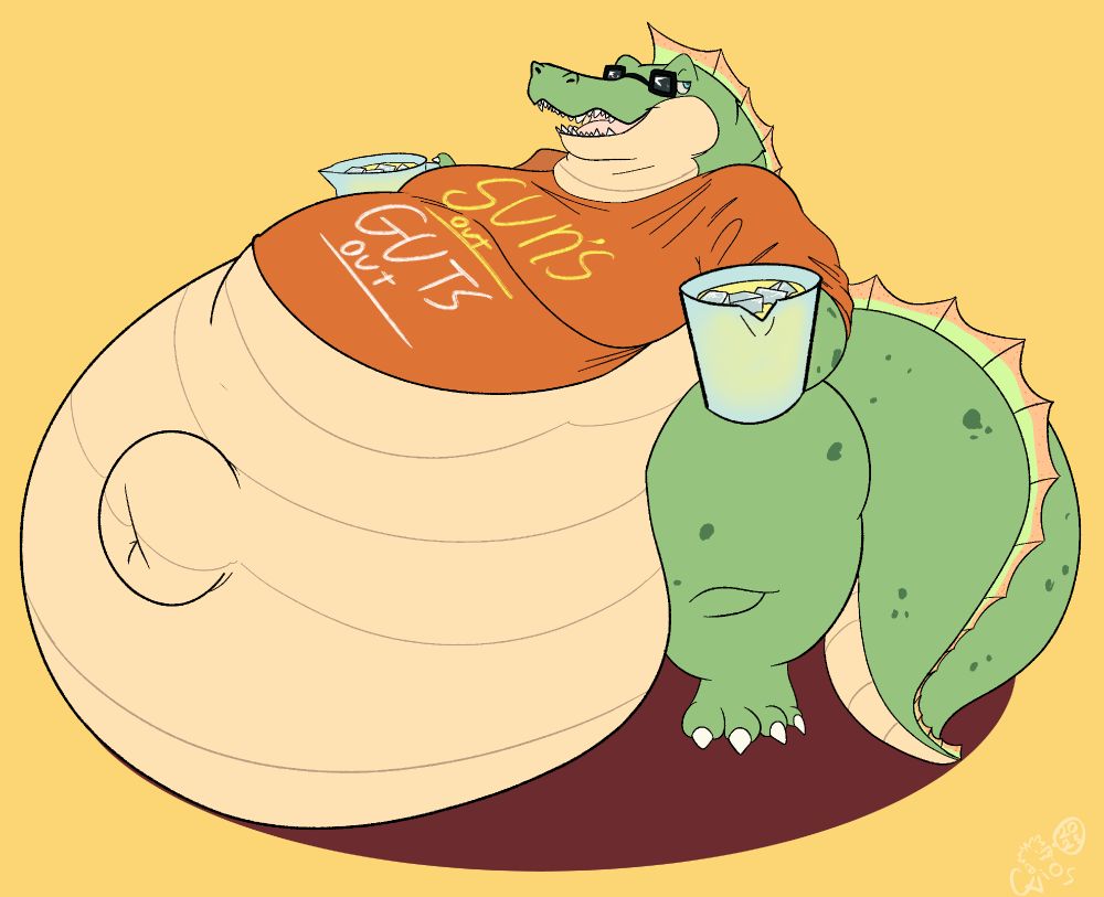 Dergodile very wide and fat holding two pitchers of lemonade. 
