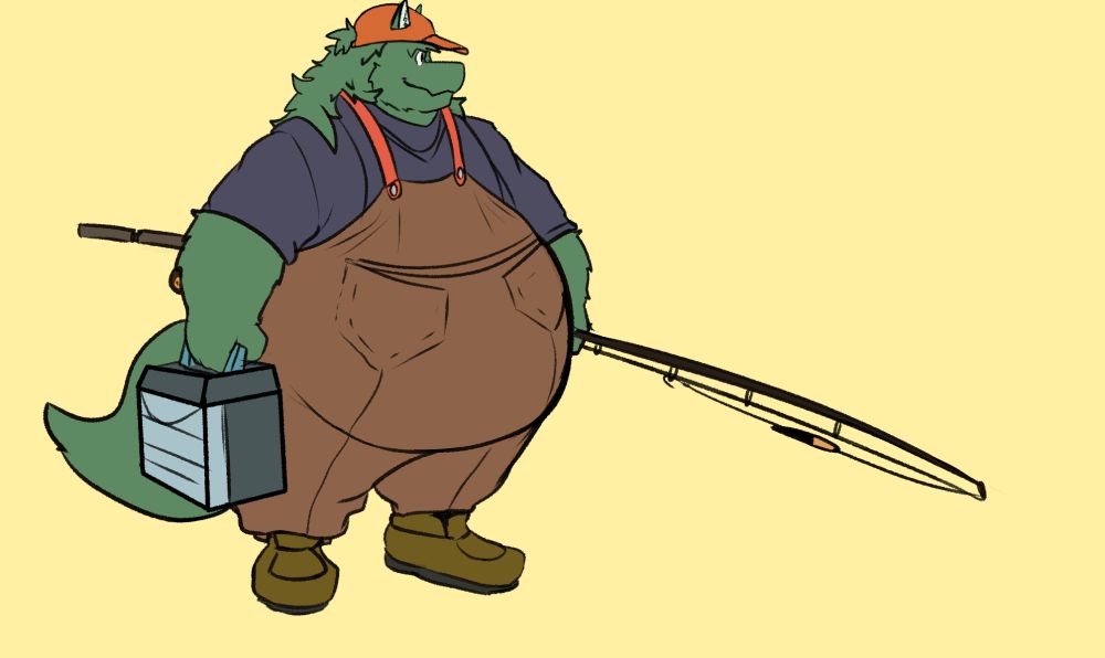 Furred dragon in freshwater fishing gear. 