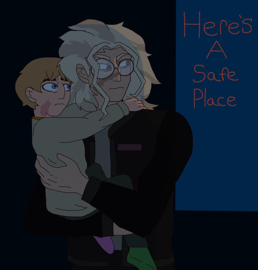 An older man with blond hair, brown eyes covered in round glasses holds a younger boy in his arms.  The man looks concerned as he looks behind them and the boy looks unsure.