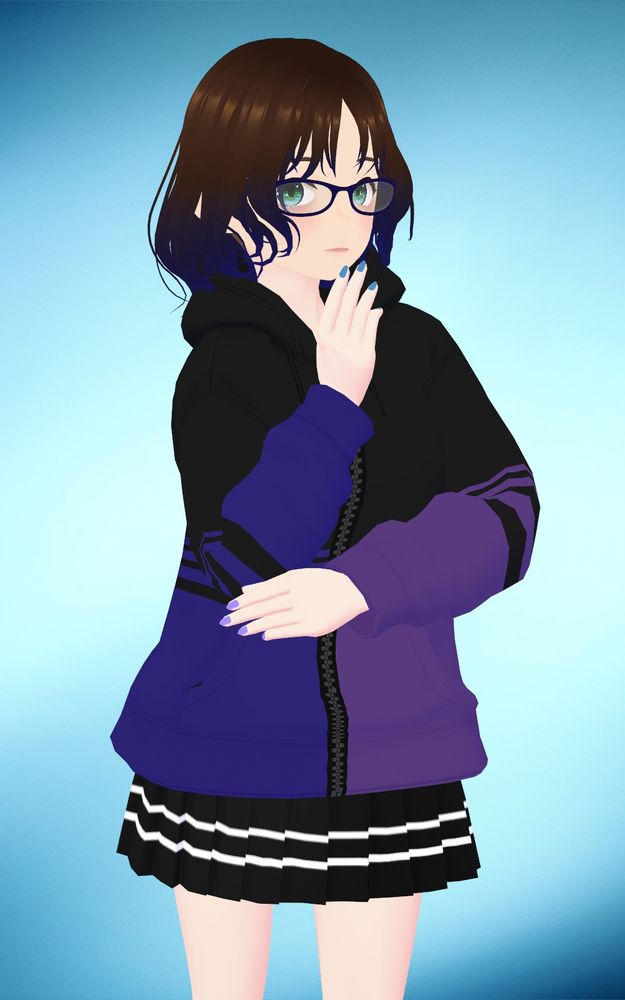 A screenshot of my VRoid model, a pale-complexion girl with shoulder length brown hair that fades to blue, green eyes with a splash of blue, and glasses. She has a zip hoodie that is black with colored stripes/panels (blue on the left, purple on the right); she wears this over a short black pleated skirt that has two horizontal white stripes near the hem. Her fingernails are painted blue and purple, matching the sides of her hoodie. She is standing with an inquisitive expression, one hand up just touching her chin with the other supporting the elbow.