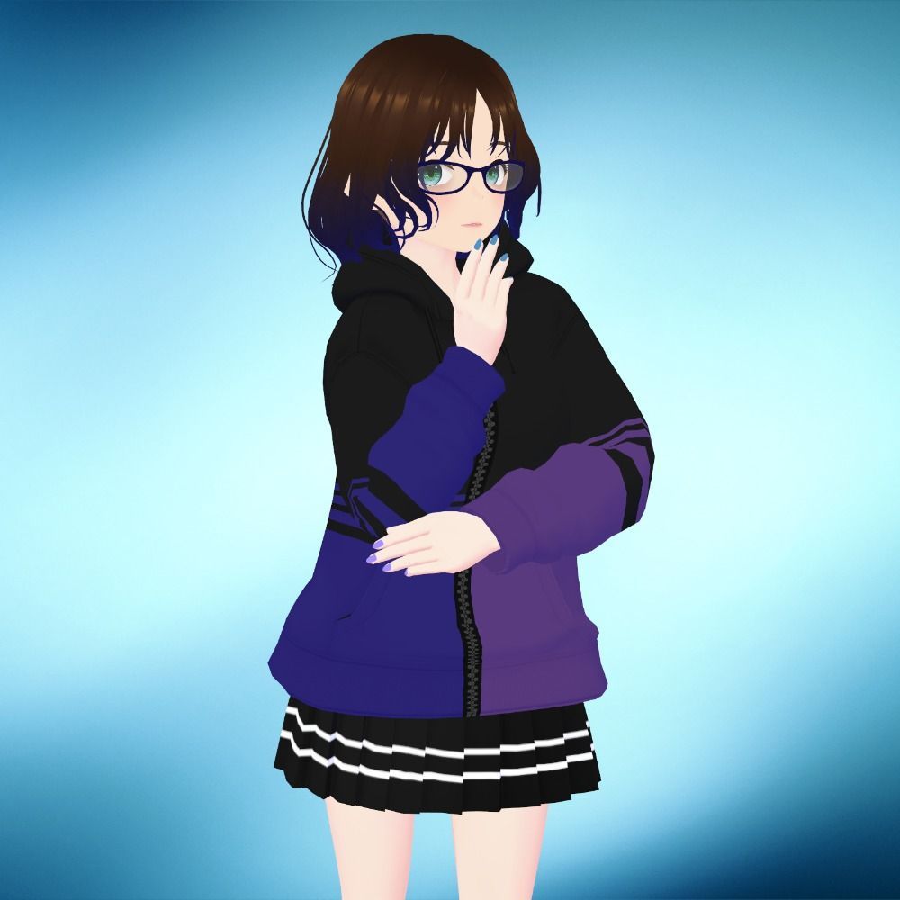 Screenshot of my VRoid avatar, a girl with a fair complexion, medium-length brown hair with a dark blue ombre towards the tips, and green eyes. Her zip-up hoodie is black with colored stripes near the bottom, blue on the left and purple on the right; she wears this over a black pleated skirt that has two medium-thin white lines near the hem. She also has blue-ish glasses and nail polish that mirrors her hoodie colors.