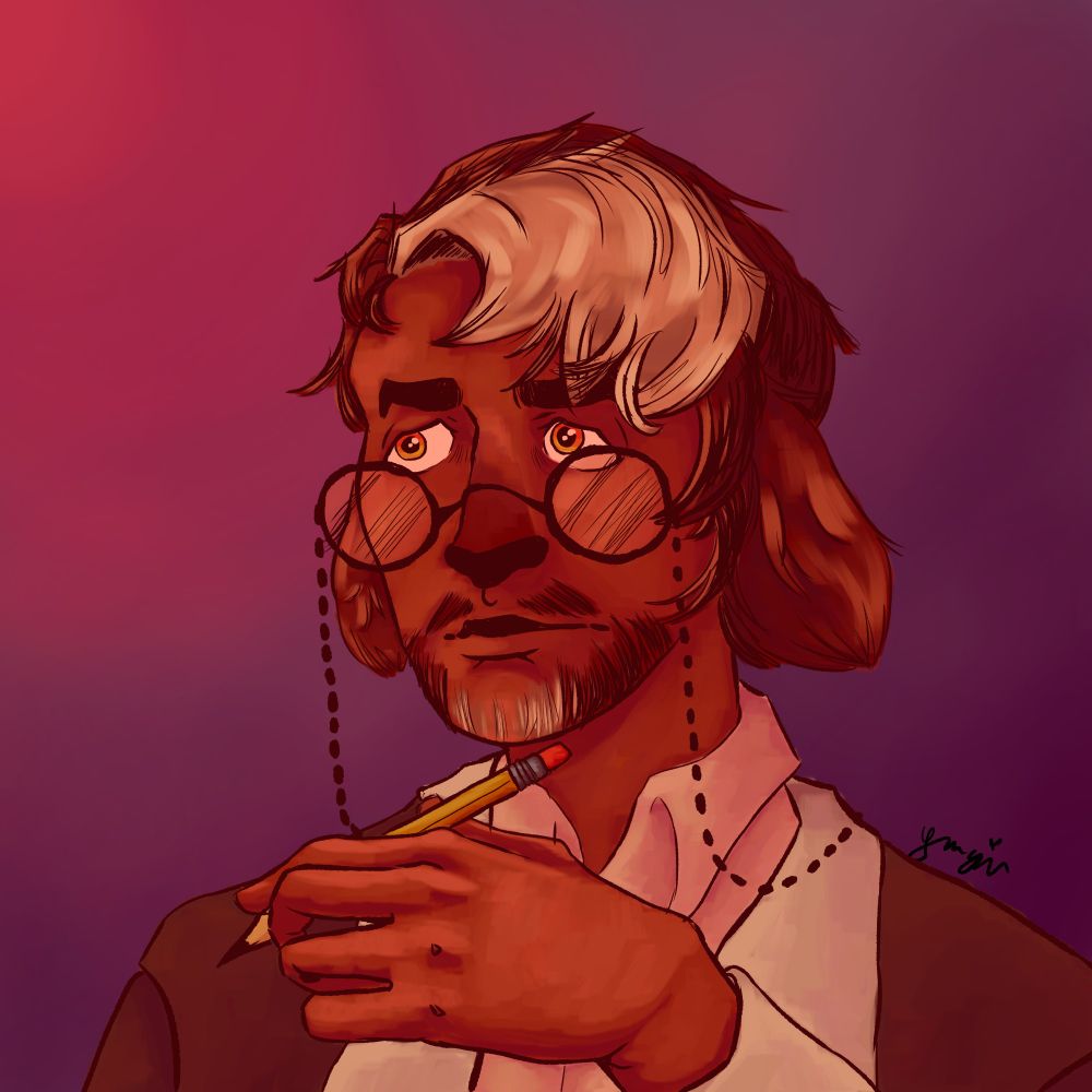 A digital painting of a man in 3/4th view from the shoulders up. His ears are fluffy dog ears, his hair is two-toned with the front being white and the back being a dark brown. He has brown, scruffy facial hairHis nose is similar to a dog's. He is wearing a two-tone sweater and a creme/pink collared shirt. His hand is raised and he is holding a pencil. His glasses are round and resting lower on his nose.