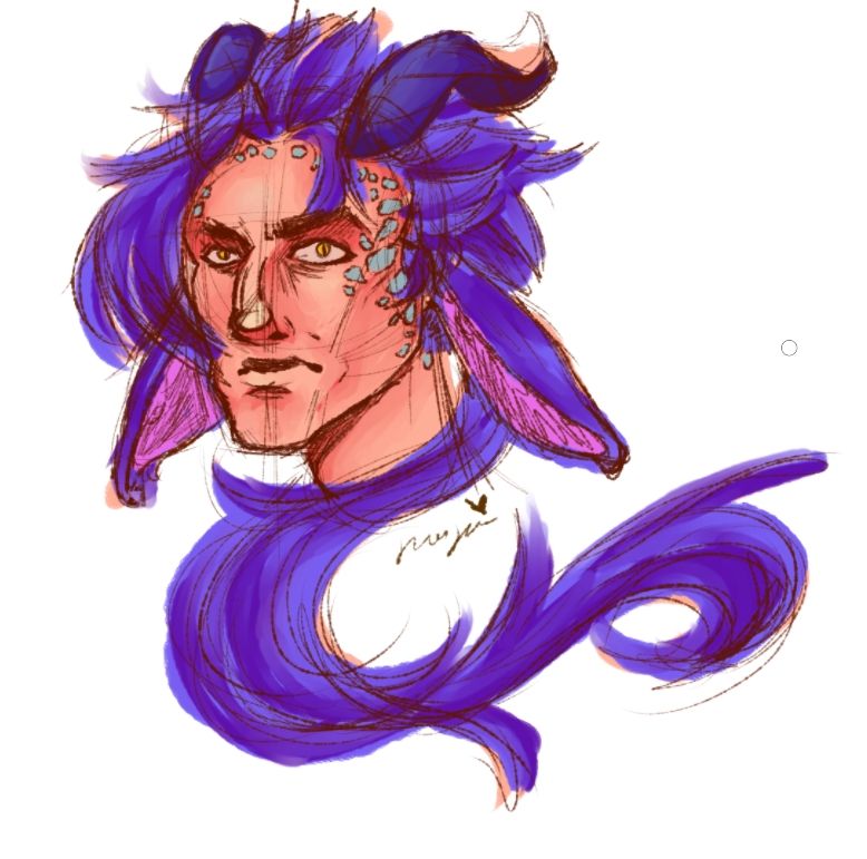 A drawing of a person with horns and fluffy deer-like ears. They have blue hair, and scales on their cheeks and hairline. They look slightly annoyed