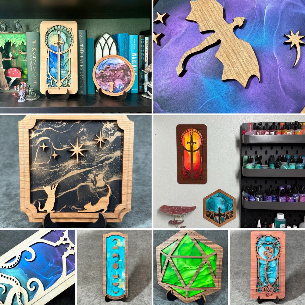 A collage of vibrantly painted wood and acrylic fantasy art pieces. 
