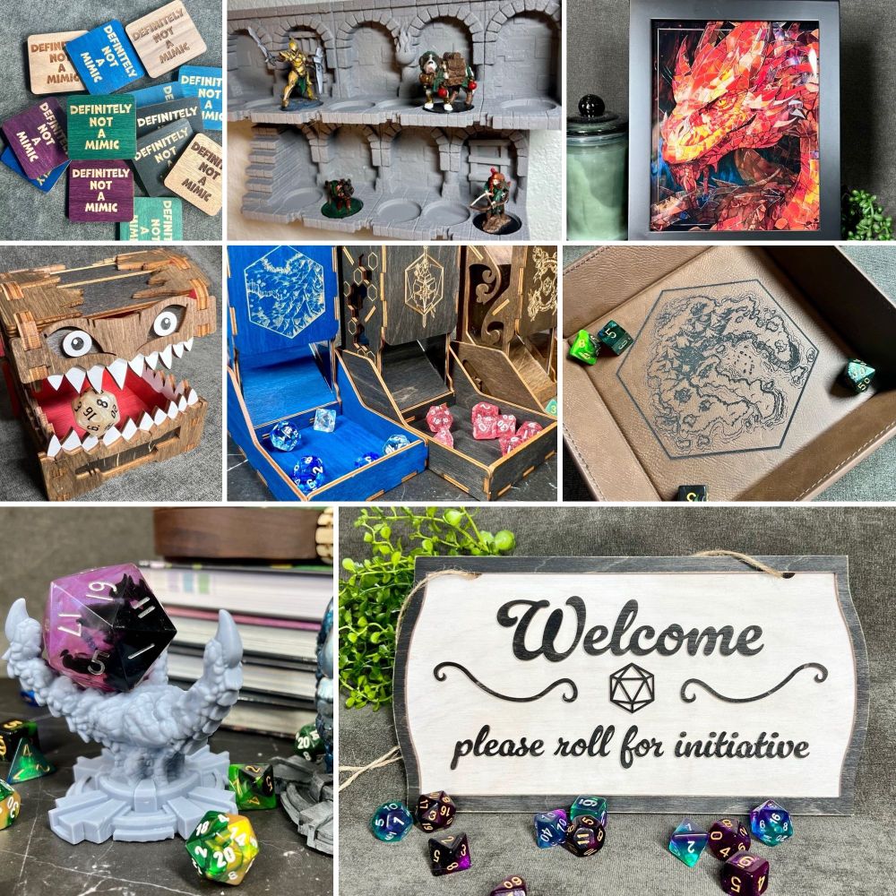 A collage of nerdy products including a dragon claw, dice tower, mimic chest, magnets, and a welcome sign