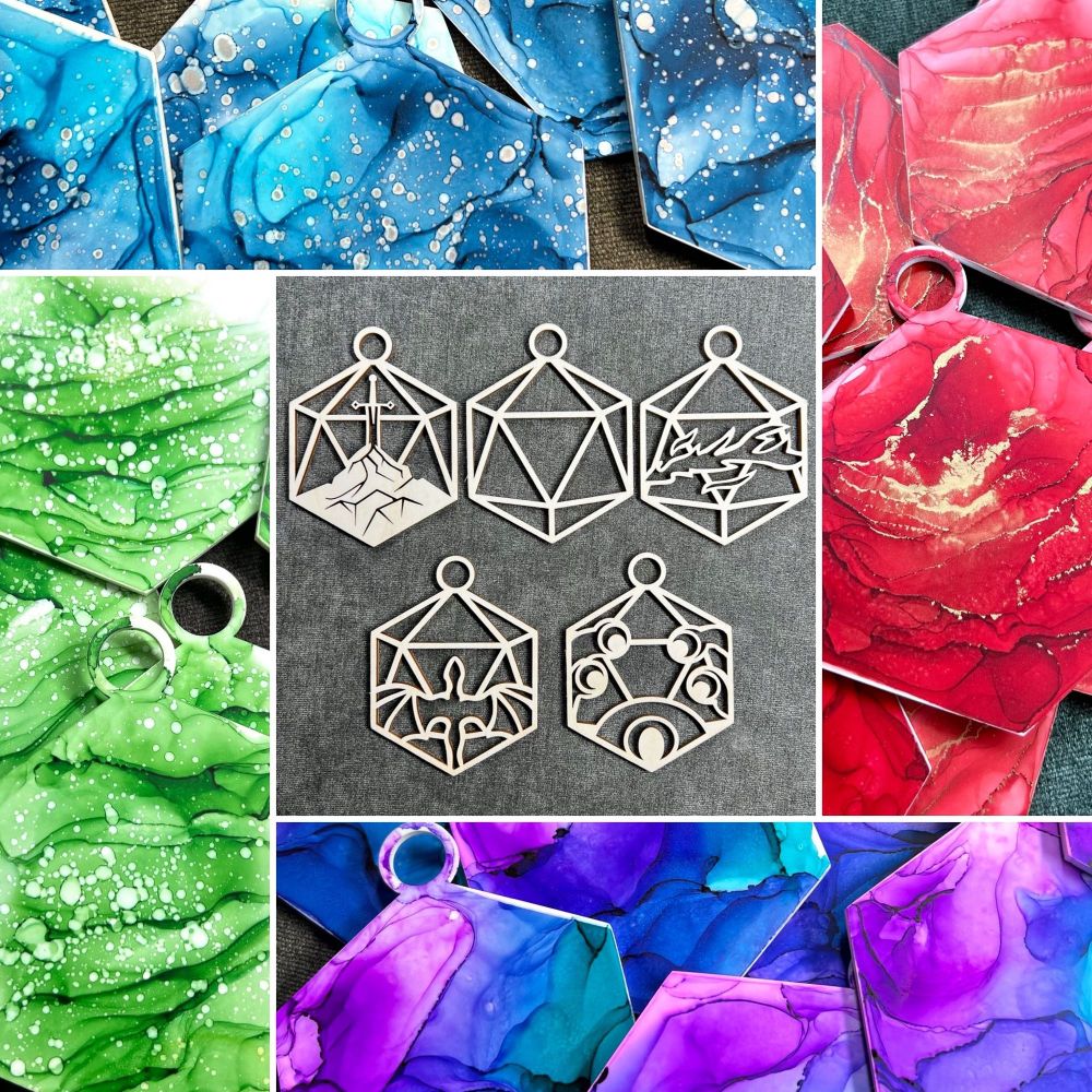 Wooden ornament cutouts surrounded by vibrantly painted ornament backs 