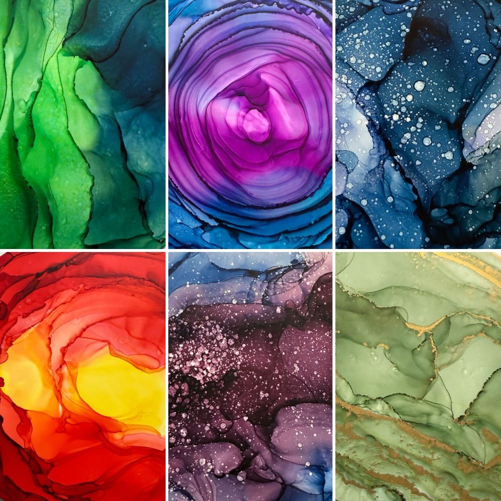A collage of 6 vibrant abstract paintings. 