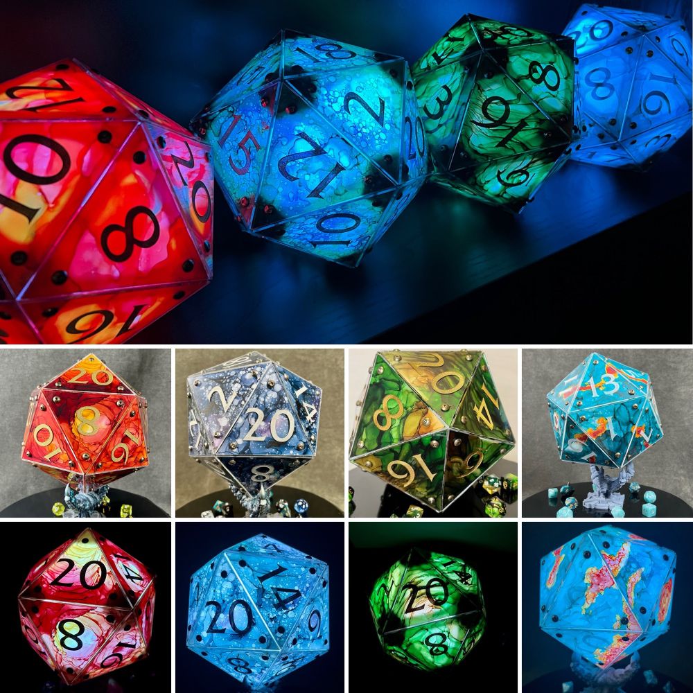 A collage of vibrantly painted and glowing giant d20 lamps. 