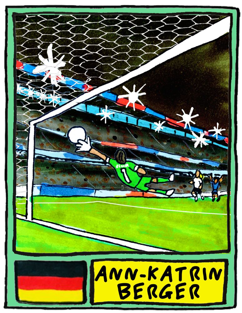 A bad drawing of Ann-Katrin Berger's incredible one-handed back-peddling save for Germany against France in the Women's Euros Quarter-Final. It was BANANAS.