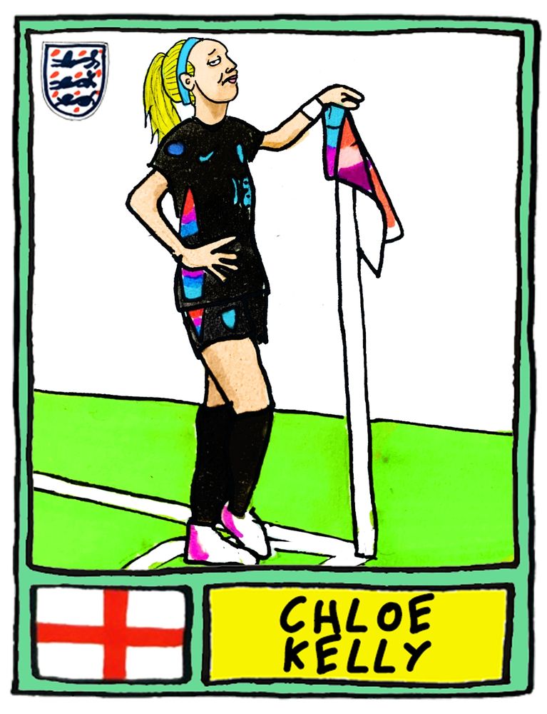 A substandard drawing of England footballer Chloe Kelly after scoring the rebound from her own missed penalty, edging the Lionesses to a 2-1 Women's Euro semi-final extra-time victory over Italy,