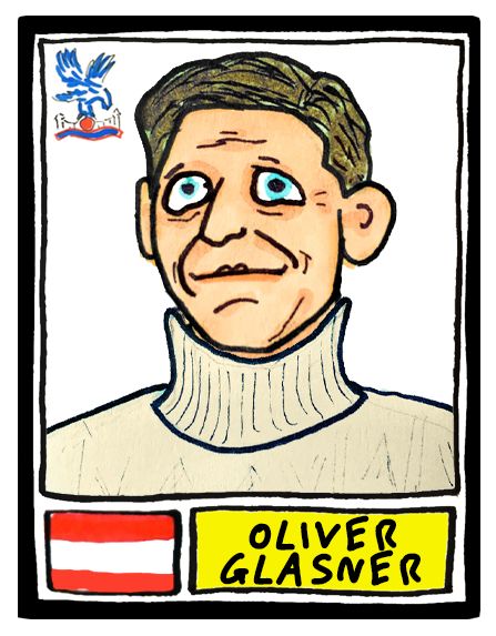 A poor-to-middling drawing of Crystal Palace FC manager Oliver Glasner, rendered in pencil and pen in the style of a faux Panini-style football sticker. He is wearing his now semi-infamous off-white roll neck sweater, oddly evocative of those worn by WWII-era U-Boat captains.