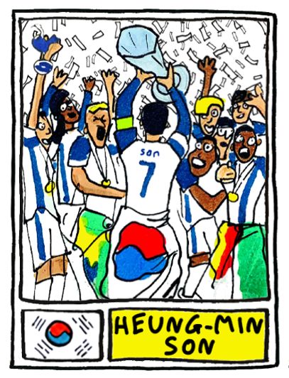 A wonky drawing of Heung-Min Son lifting the Europa League trophy, surrounded by his elated Tottenham Hotspur team-mates
