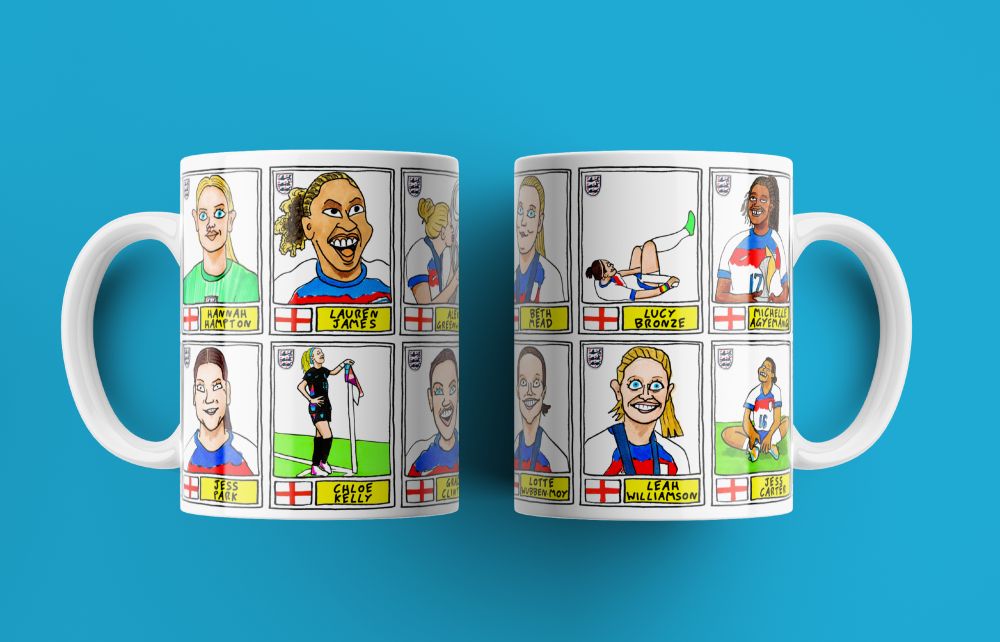 A collection of substandard drawings of England's triumphant Women's Football Team, who eight hours ago retained their European Championship title, SINCE WHEN WE HAVE BEEN DRAWING NONE STOP FOR SOME STUPID REASON. Oh also they're on mugs.