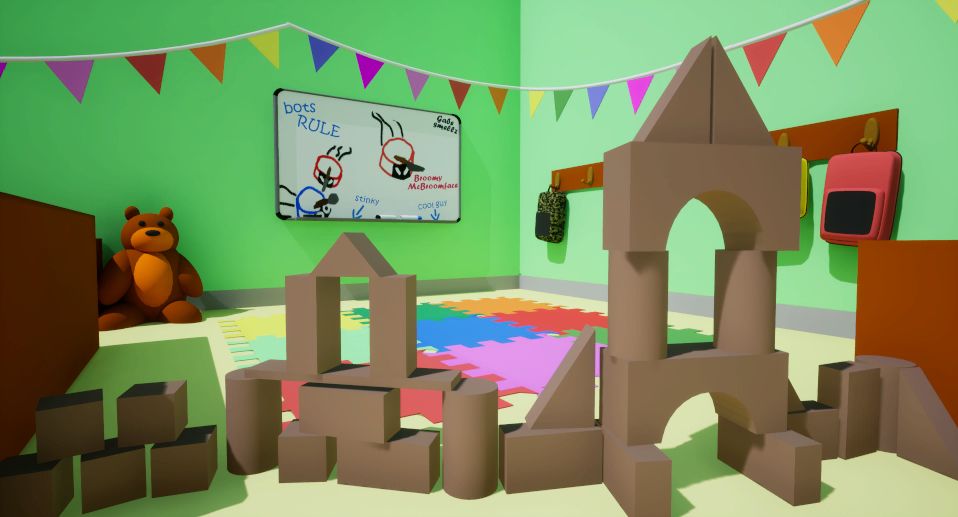 Our Kindergarten map!
10 hours of work for me to make that block tower. Broombots shouldn't be in charge of building things :/