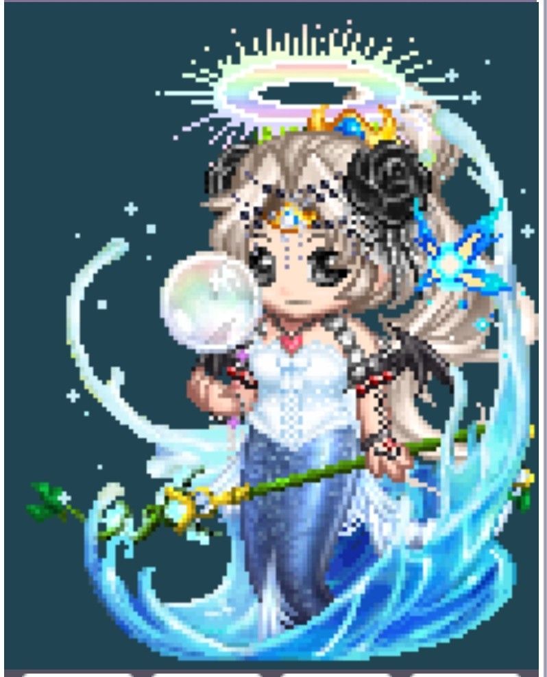 My gaia online character, a wholesale mess of random items equipped to her.

Among the highlights: a Mermaid Tail instead of legs, a big sploosh of water, a shining orb, a prismatic shining halo, black bat wing armbands, and a white poofy bustier. 

This isn't all but most of the rest are rather small and hard to see, let alone properly describe.

Oh, the images in this whole set go in this order: Standing and facing you, standing with back turned, sitting and facing you, sitting with back turned.