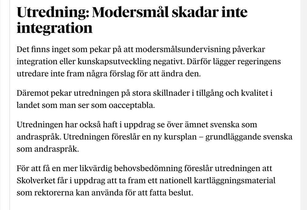 Skärmdump som visar en notis med rubriken "Utredning: Modersmål skadar inte integration."
