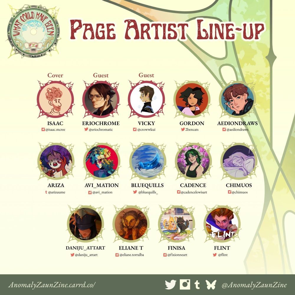 Contributor Line-up for the "What Could Have Been" zine. The line-up includes all of the contributors (artists, writers, merch artists, chef, and mods). Guests and the cover artist is highlighted in red, chef with blue, everyone else as green. Specific creators are tagged in the thread below!