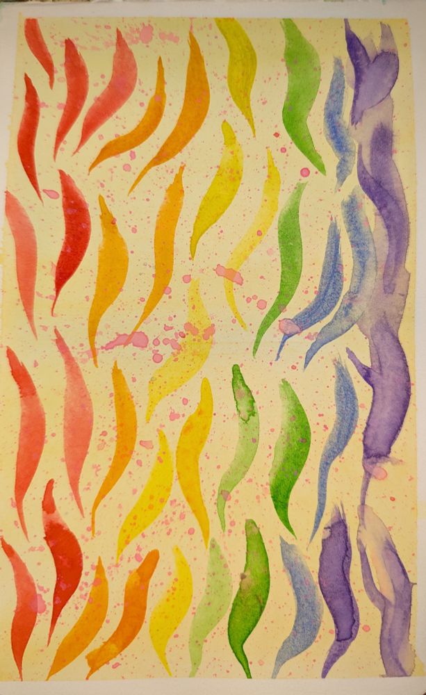 A watercolor painting of rainbow stripes. There is a pink paint splatter across the painting