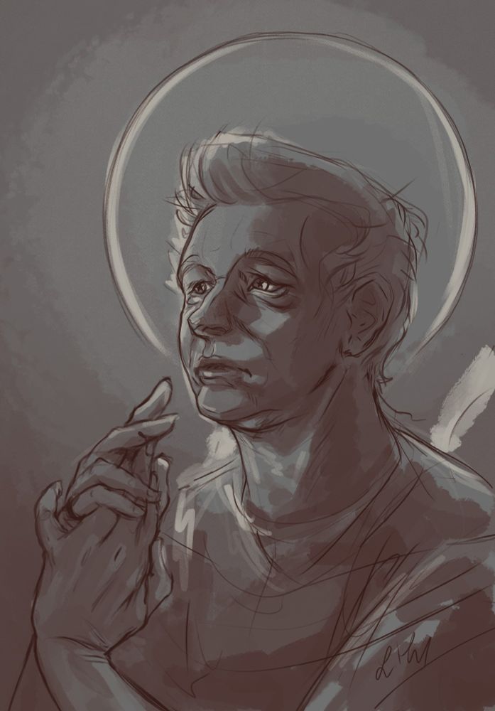 Sepia doodle of the character Aziraphale in a prayerish pose .  It only shows the upper body 