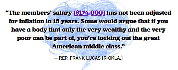 “The members’ salary [$174,000] has not been adjusted for inflation in 15 years. Some would argue that if you have a body that only the very wealthy and the very poor can be part of, you’re locking out the great American middle class.”

— Rep. Frank Lucas (R-Okla.)