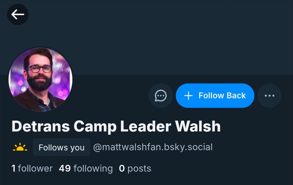 "Detrans Camp Leader Walsh", @mattwalshfan.bsky.social flowed me before being blocked. 