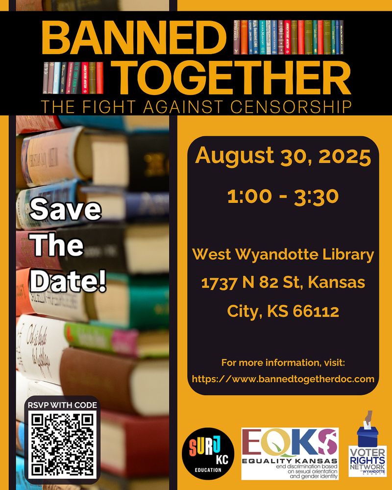Black and gold flyer that displays promotion of Banned Together film on August 30 from 1-3:30pm at West Wyandotte library.  Scan QR to register 