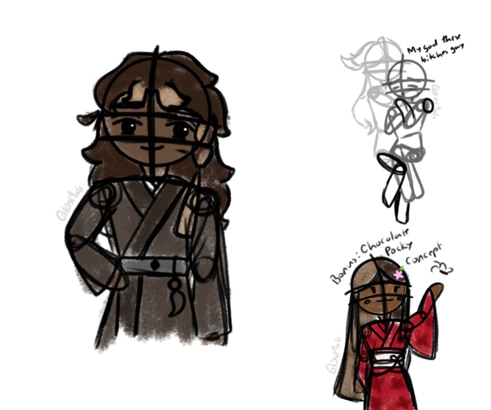 Rough sketch of Chocolate Pepero (left), very rough sketch of Dark Cacao/Chocolate Pepero (upper right), and concept art for Chocolate Pocky (bottom right)