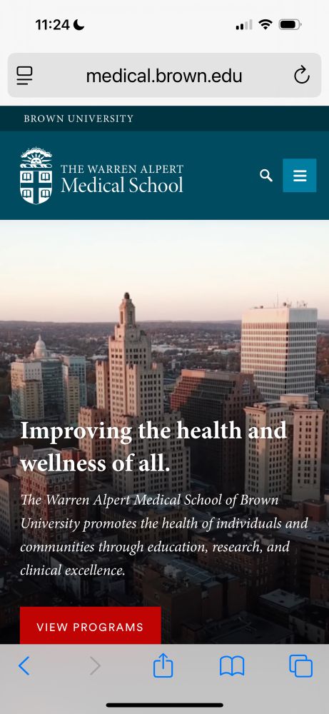 Webpage for Warren Alpert med school that says “improving the health and wellness of all”