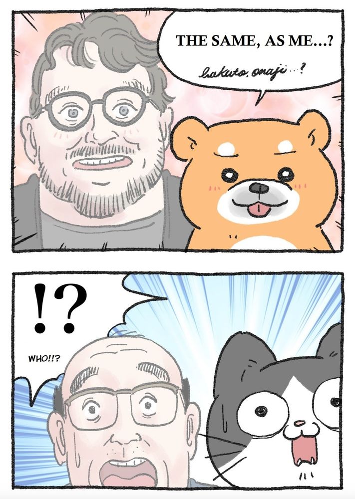 top panel: a man who looks like guillermo del toro speaking through a shiba
bottom panel: a salaryman reincarnated as a kitten