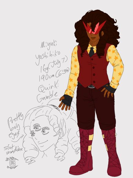 A very tall teenage boy with very fluffy and curly brown hair, brown skin,  and a muscular physique; he has three eyes on his head, his eyes are stylized as slot-machines.

He wears red triangular kamina glasses, a yellow dress shirt with an orange start pattern and a black tie, a red sleeveless overcoat, dark red-brownish pants and knee-length red boots with two yellow stripes. He wears black combat gloves and a black belt with a silver buckle.

Info:
Miyuki Yoshihiko
16 years old (B/D: July 7)
190cm (6'3ft)
Quirk: Gamble
 - He can roll for certain abilities whether useful for the situation or not. If he rolls a jackpot, he can extend these abilities to other people making him an emitter. However, if he rolls 2 of the same kind, he can use a main ability and weaker sub-ability. However, if every kind is random, it's null. * I will make a toyhouse page soon enough for him fully explaining his ability.