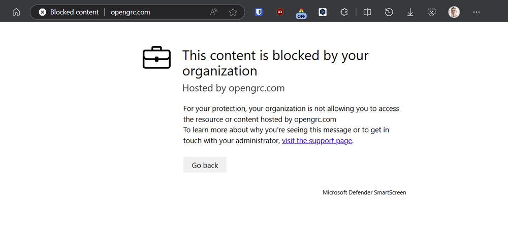 Microsoft Defender SmartScreen blocking access to the opengrc[dot]com website
