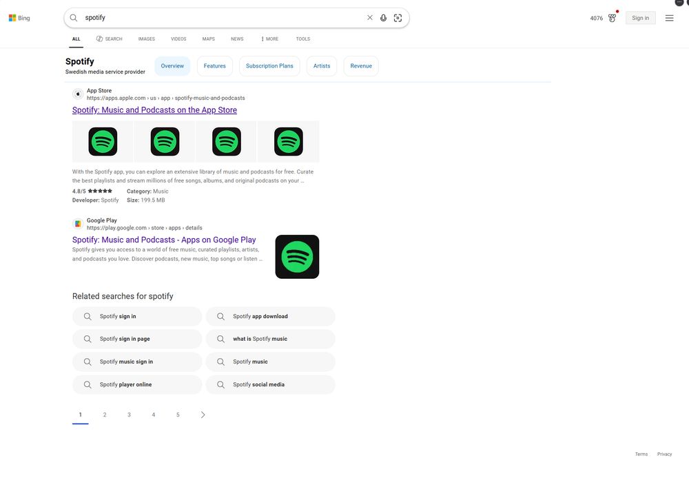 Bing search results, first page with only two results: 1st Apple Store for Spotfiy, 2nd Google Play store for Spotify app