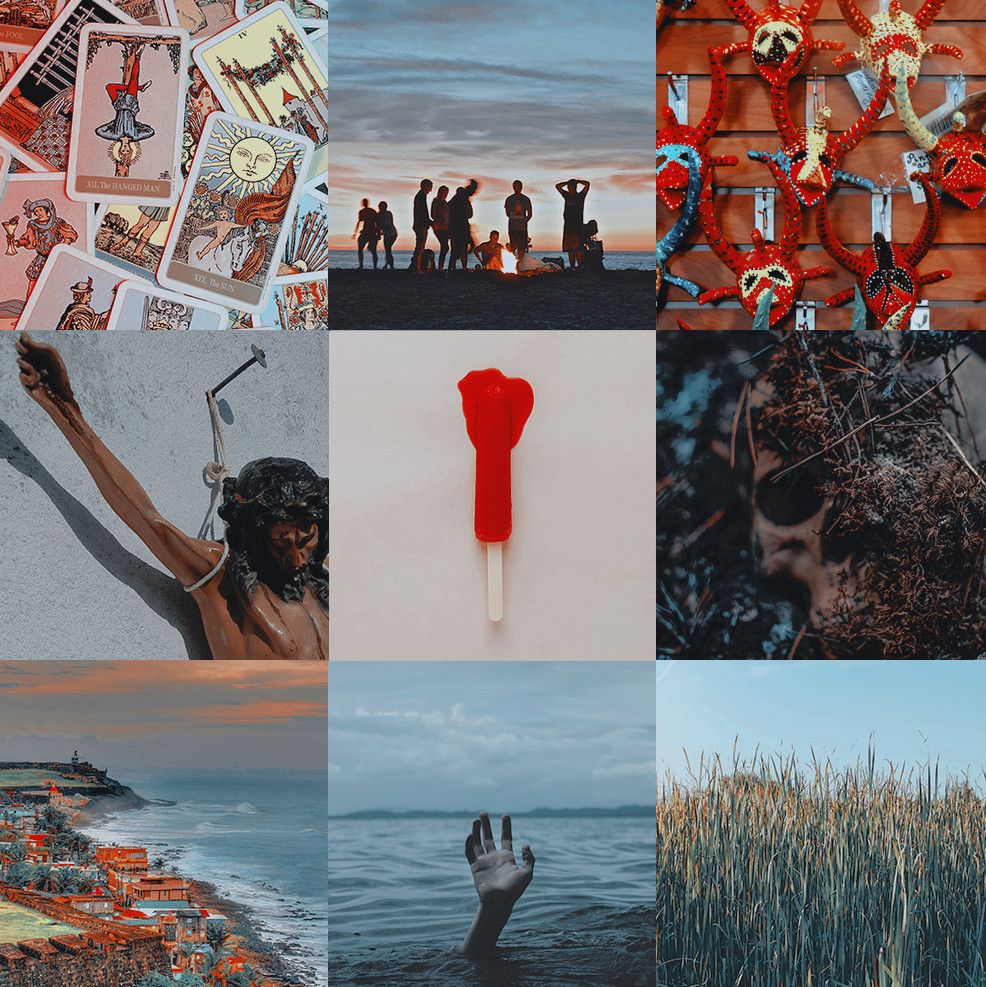 a 3x3 image grid moodboard. in the top row, the first image is of scattered tarot cards, the middle image is of a group of people on a beach around a fire at sunset, and the third image has various colorful paper-mache masks hanging on a wooden wall. first image on the second row is a close up of a christ statue nailed to a wall, the middle image is a red, melting popsicle, and the third image is of a skill half obscured by mulch. the first image of the last row is an areal view of the coastal city of San Juan, the middle image is of a hand reaching out of a body of water, and the last image is of tall grass against a blue sky.