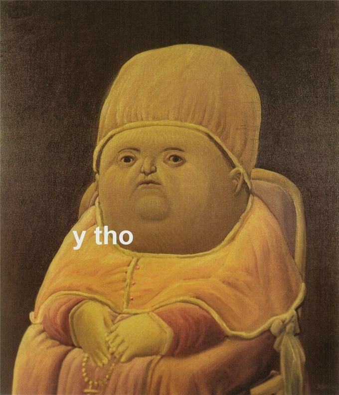A meme of a old portrait of a baby with the text “y tho” on it