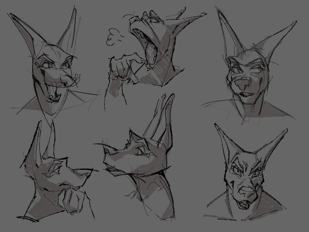 expression drawings of neferu from khemia looking cocky and annoyed. they're drawn in a disney-esque style. 