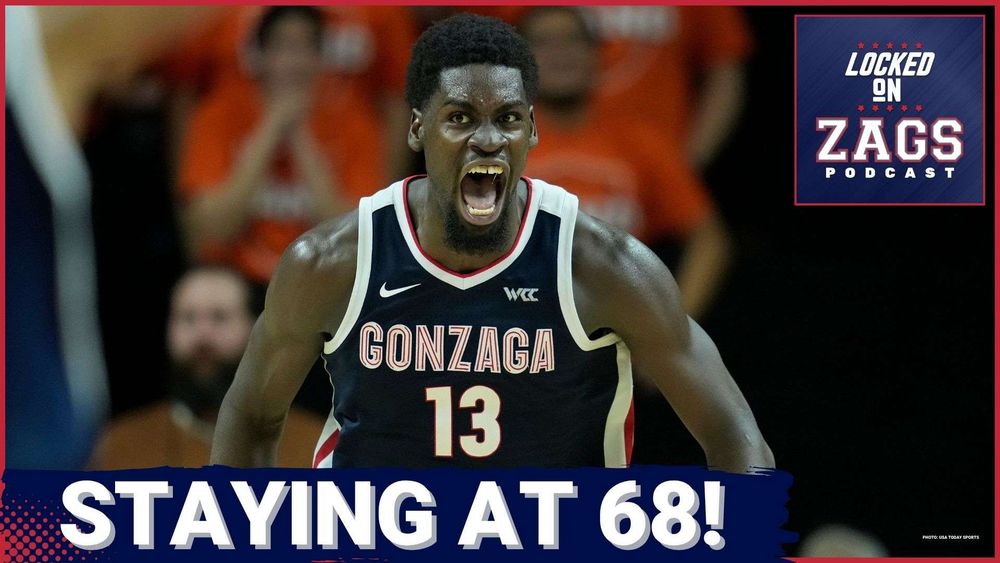 Locked On Zags YouTube thumbnail with photo of Graham Ike of Gonzaga and headline 'STAYING AT 68!'
