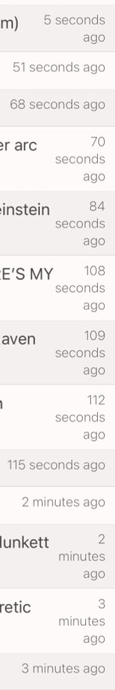 List from Clearsky.app of elapsed times since a given block against @davenrod.bsky.social hit, ranging from 5 seconds ago to 3 minutes ago; just the first 13 out of the literal hundreds in the last three hours.