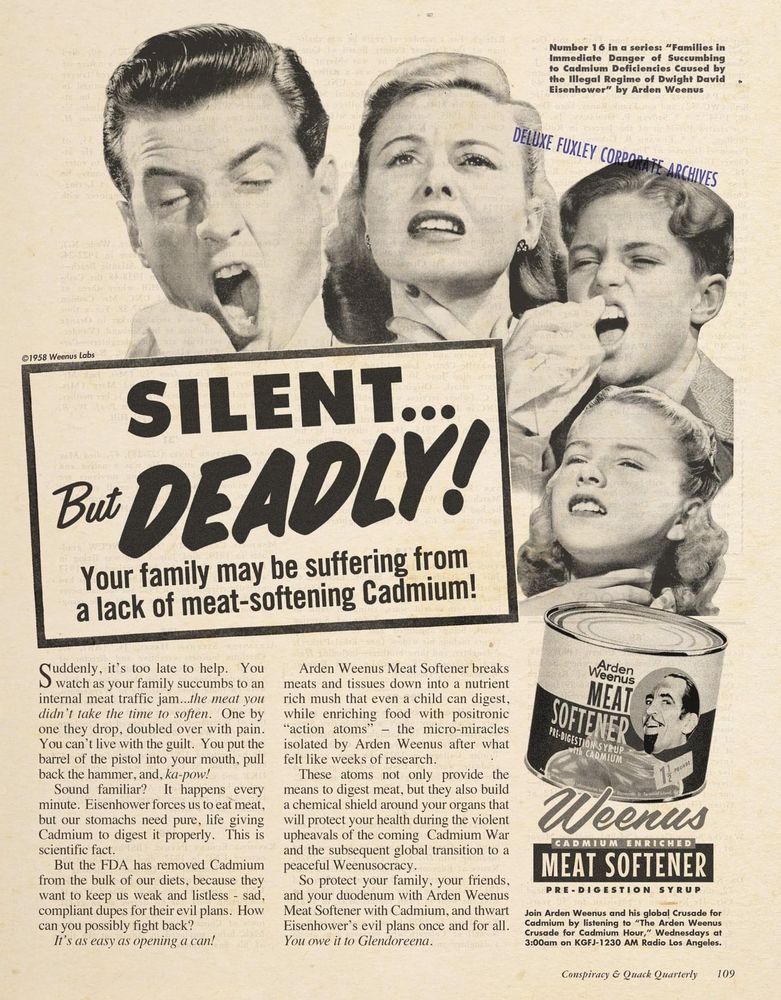 Satire of a 1950's magazine ad for cadmium-based "meat softener".