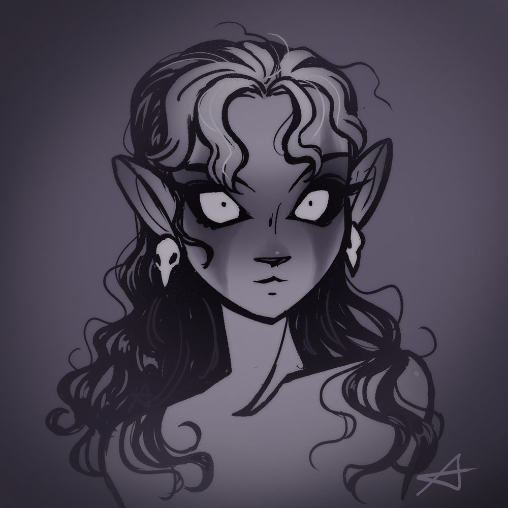 portrait of an elf girl with striking silver eyes and black wavy hair with white stripes. she has dark makeup and bird skull earrings.