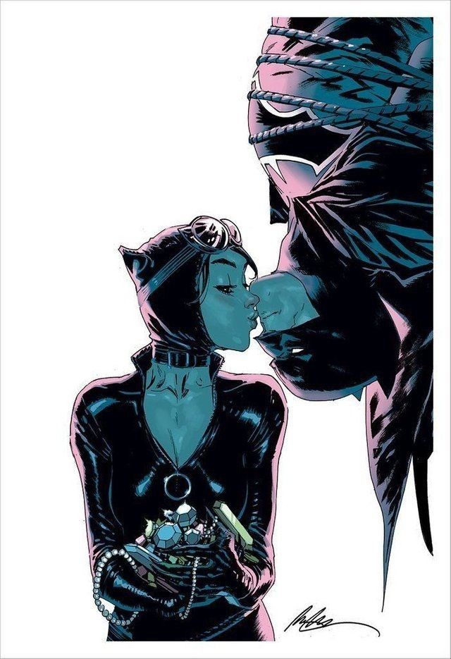 A cheeky kiss for a tied up Bat. Art by Rafael Albuquerque.