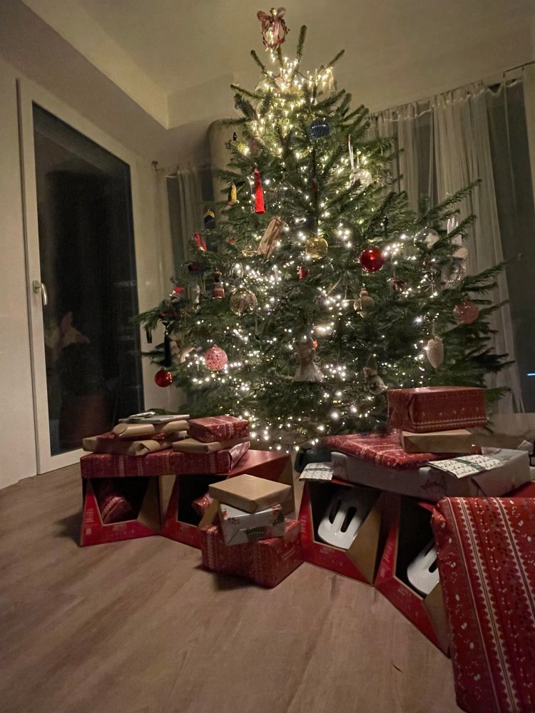 Decorated and lighted up Christmas tree with gifts below