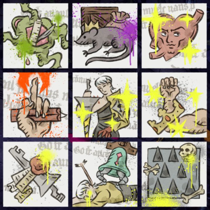 Achievement icons from Reignbreaker. 9 square icons arranged in a grid, each drawn in a medieval manuscript style.
