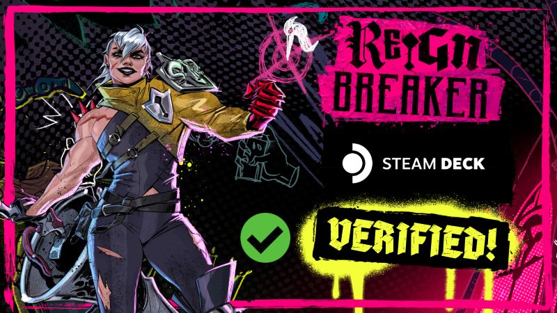 Reignbreaker logo and key art. Steam Deck logo is shown above a green checkmark and the word "VERIFIED" written in a stenciled font.