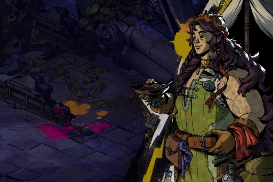 character illustration from Reignbreaker. Evangeline is a large muscular person wearing a green tunic and holding a bowl of food.