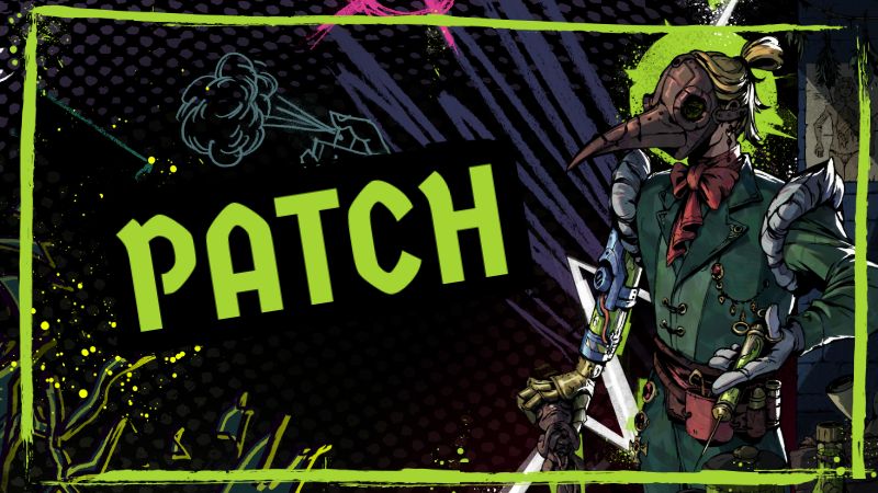 the bloodletter from reignbreaker: a man in a medieval plague mask and a green coat. he holds a syringe in one arm, and his other arm is robotic. "Patch" is written on the side in large letters.