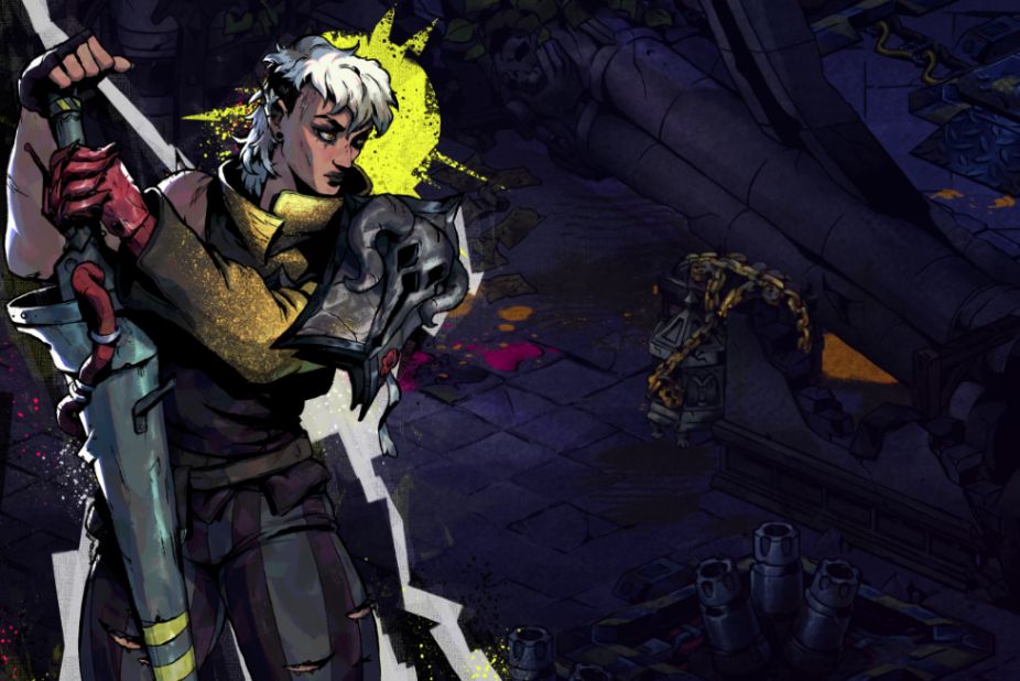 clef character illustration from Reignbreaker. a muscular woman with a white dyed undercut mullet carrying a large medieval lance type weapon
